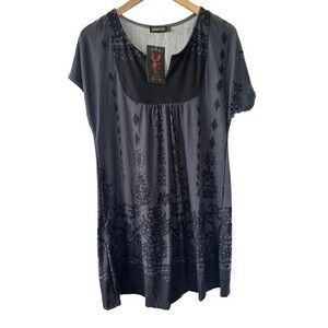 Reborn Boho Black Charcoal Gray Paisley Split Neck Short Sleeve NWT Dress L
